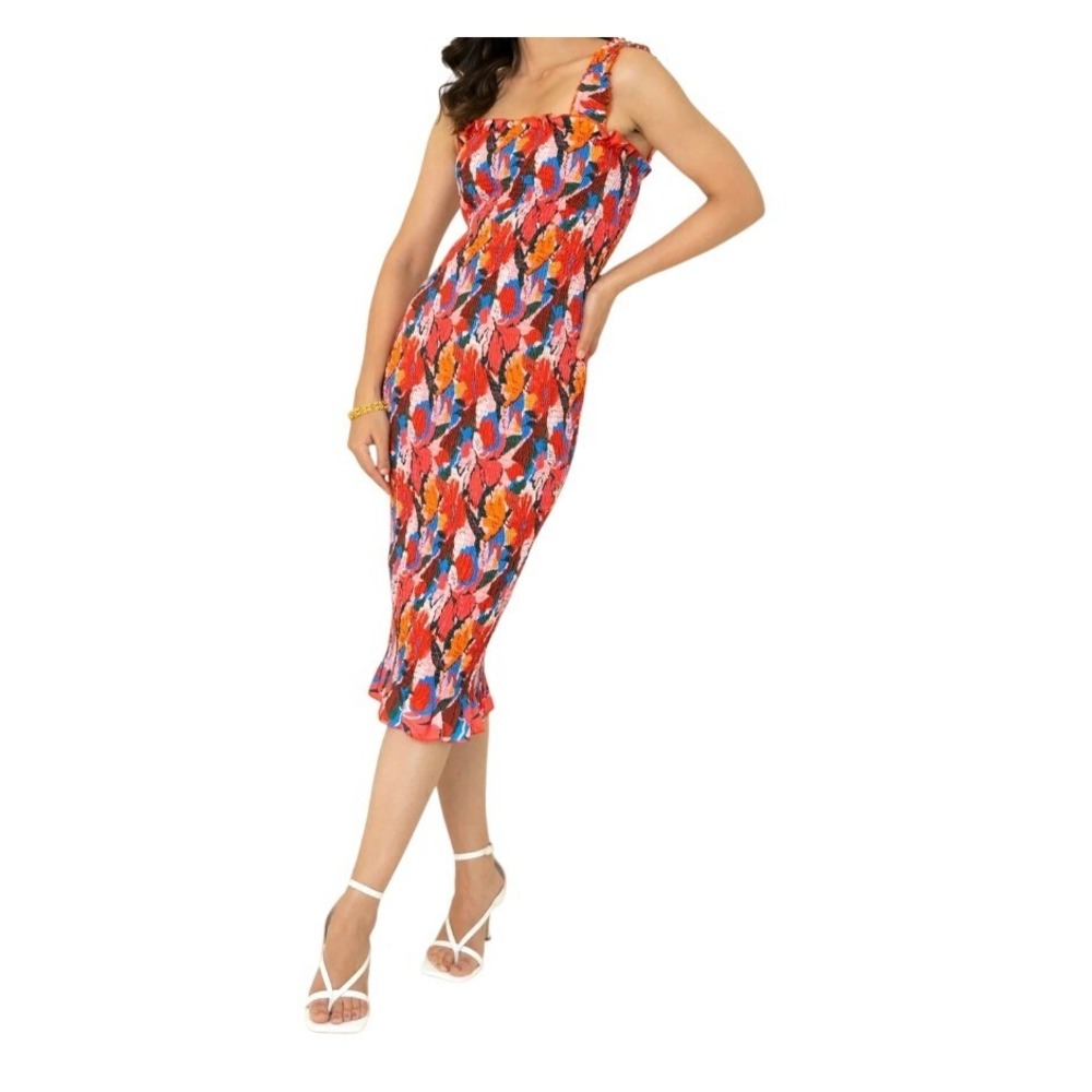 SNDYS Red Floral Smocked Midi Dress Women US 6 Bodycon Square Neck Ruffle Strap